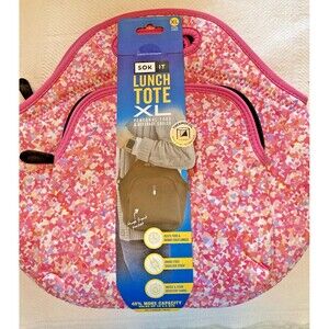Sok It XL Lunch Tote Pink Floral Hearts Insulated 6.5 oz capacity w/strap NEW